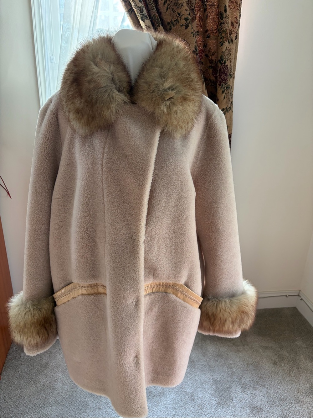 Cream 100% Wool Pea Coat with Real Fur Trim
